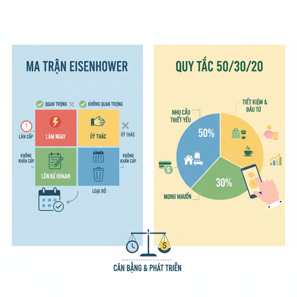 Ma trận Eisenhower (Quản lý thời gian) và Quy tắc 50/30/20 (Quản lý tài chính).